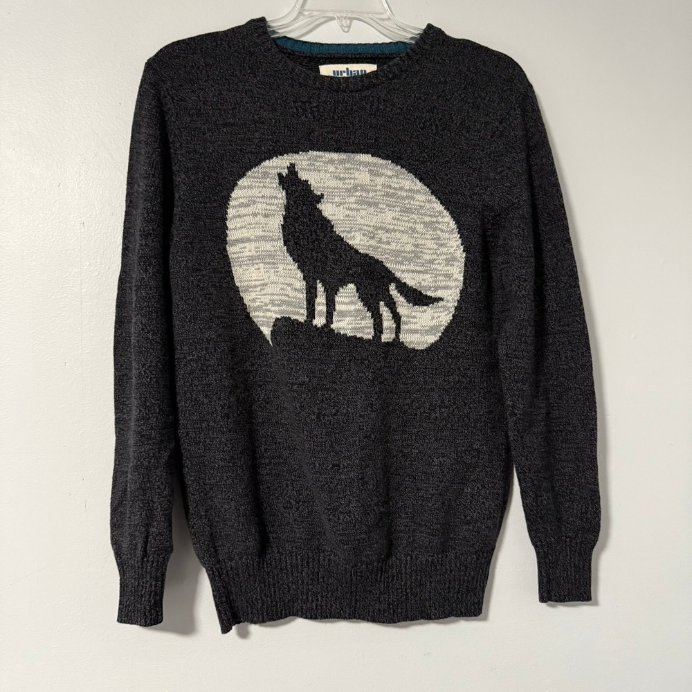 Urban Pipeline Wolf Howling‎ Moon Crew Neck Knit Sweater Mens Gray